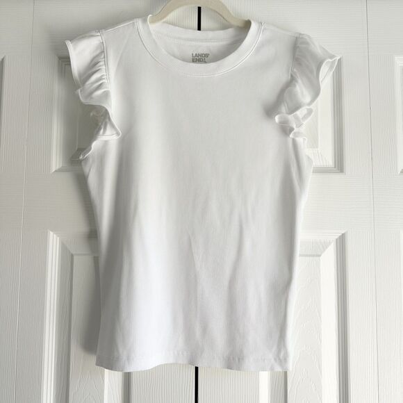 Land's End Tank Top Women's S White Ruffle Sleeve Ribbed Modern Classic Core - Picture 1 of 8